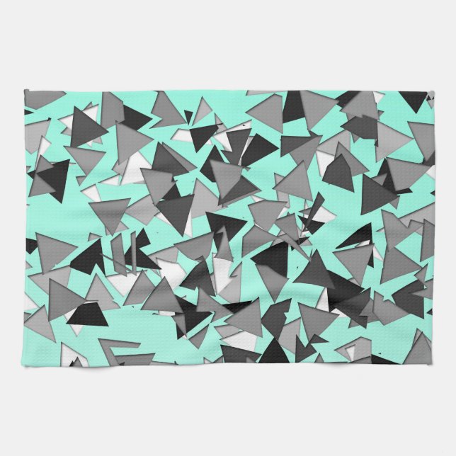 Modern Black, Grey, and White Geo Triangles Teal Kitchen Towel (Horizontal)