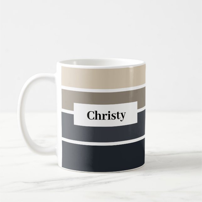 Modern Black Grey Beige Strip Name Custom Coffee Mug (Left)