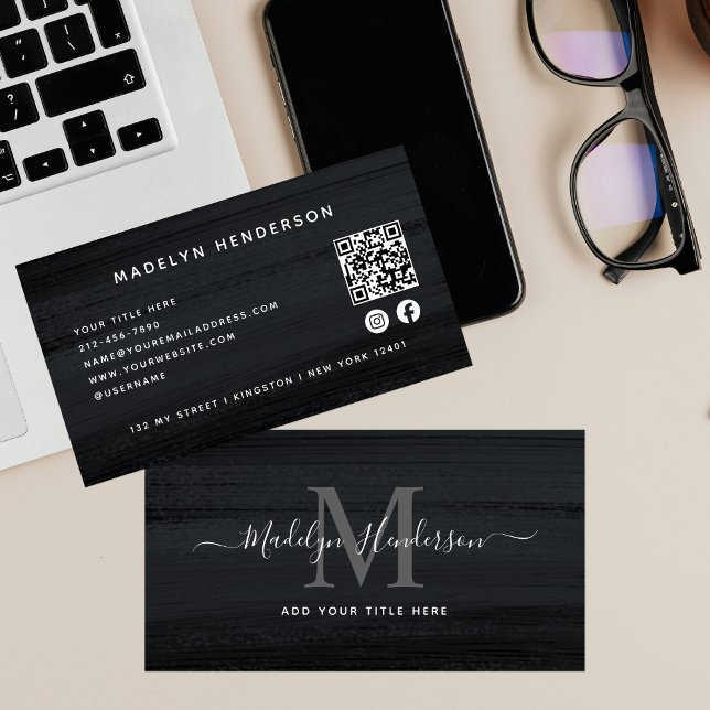 Modern Black Grey Brush QR Code Social Media Business Card (Creator Uploaded)