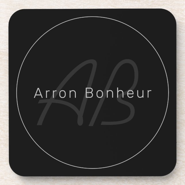 Modern Black & Grey | Cool Name & Monogram Beverage Coaster (Front)