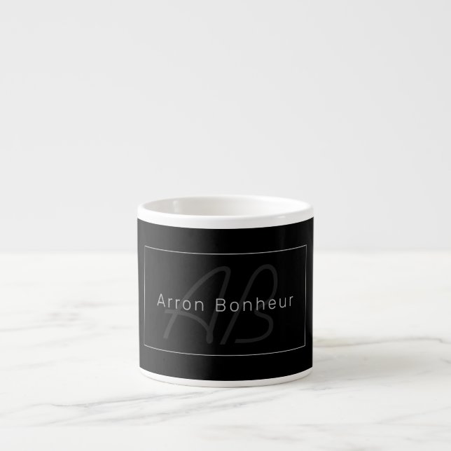 Modern Black & Grey | Cool Name & Monogram Espresso Cup (Front)