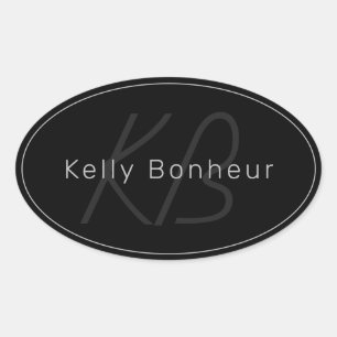 Modern Black & Grey Cool Name & Monogram Oval Sticker