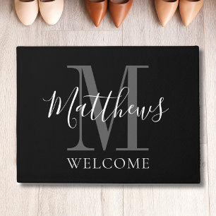 Modern Black Grey Monogram Name Newlyweds Wedding Doormat