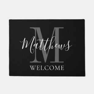 Modern Black Grey Monogram Name Newlyweds Wedding Doormat