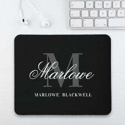 Modern Black Grey Monogram Script Mouse Pad