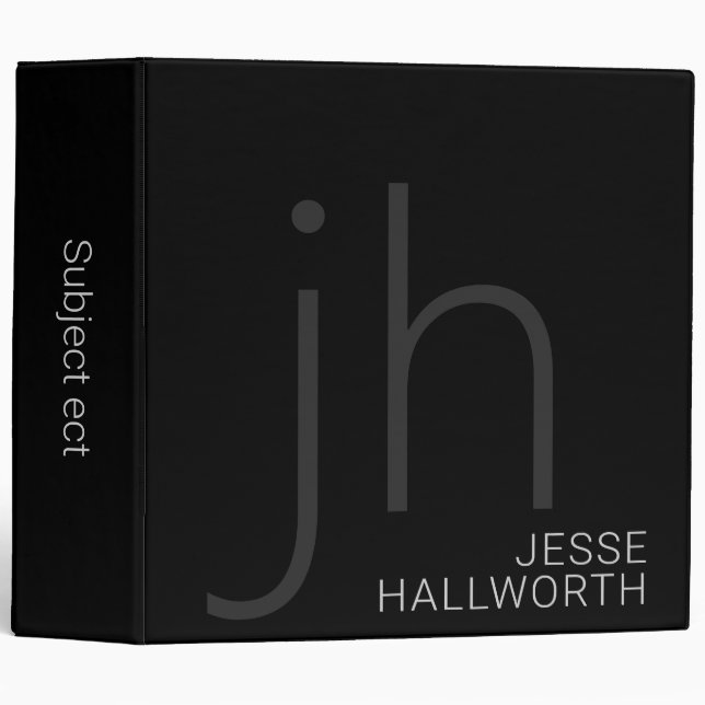 Modern Black & Grey Monogrammed 3 Ring Binder (Front/Spine)