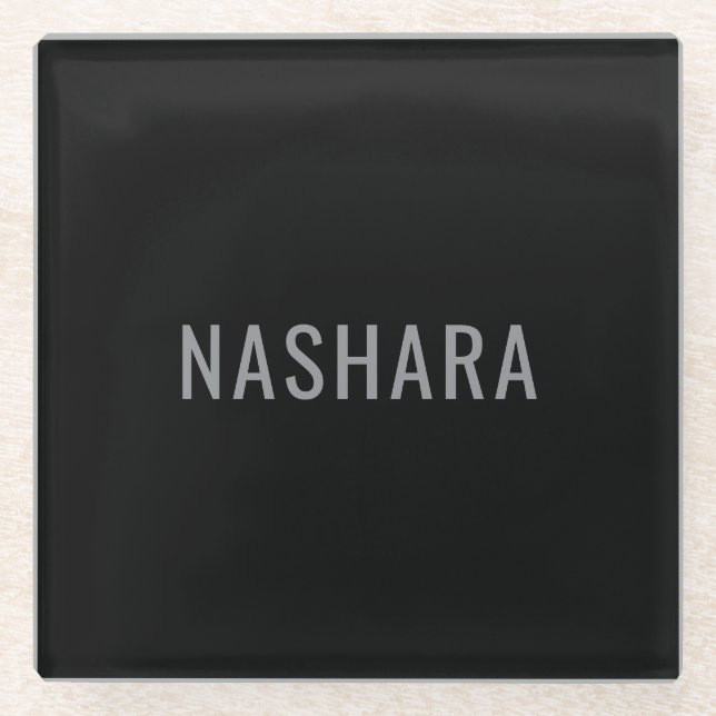 Modern Black Grey Personalized Name Glass Design Coaster (Front)