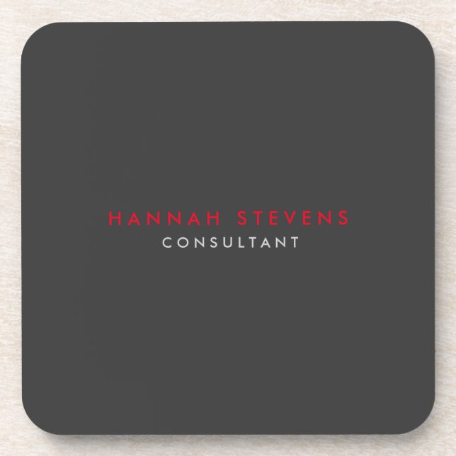 Modern Black Grey Red Professional Your Name Beverage Coaster (Front)