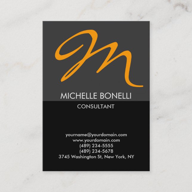 Modern black grey yellow monogram business card (Front)