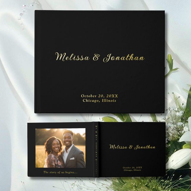 Modern Black Guest Book Photo Gold Foil Guestbook (Creator Uploaded)
