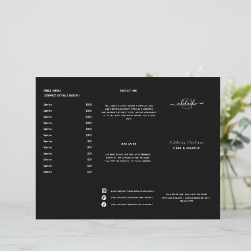 Modern Black Hair Salon Price List Service Menu | Zazzle