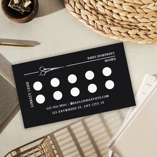 Modern Black Hair Stylist Logo Barbershop Business Loyalty Card