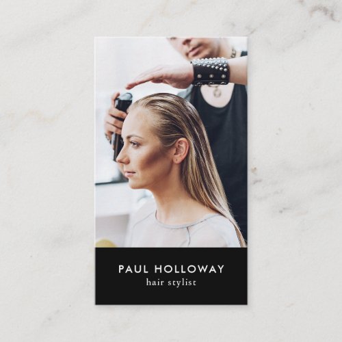 Modern black hair stylist photo elegant simple business card