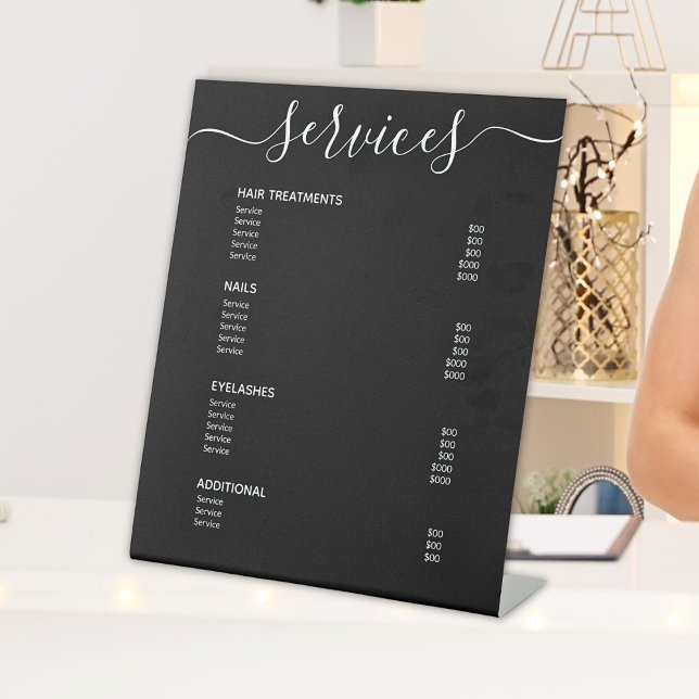 Modern Black Hair Stylist Price List Service Menu Pedestal Sign (Creator Uploaded)