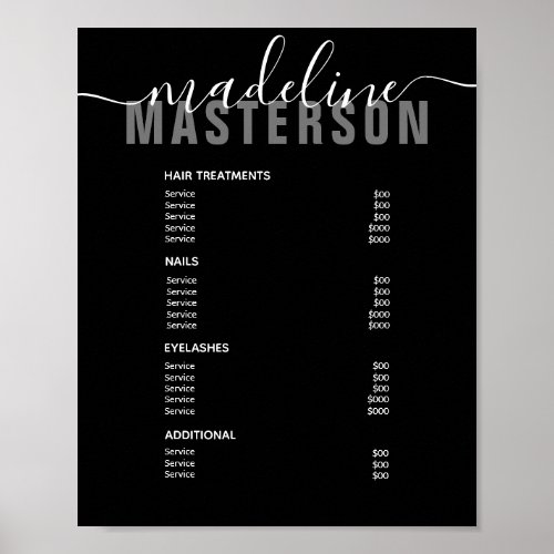 Modern Black Hair Stylist Price List Service Menu Poster