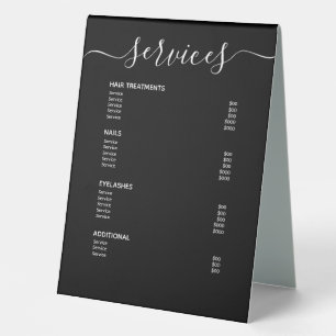 Modern Black Hair Stylist Price List Service Menu Table Tent