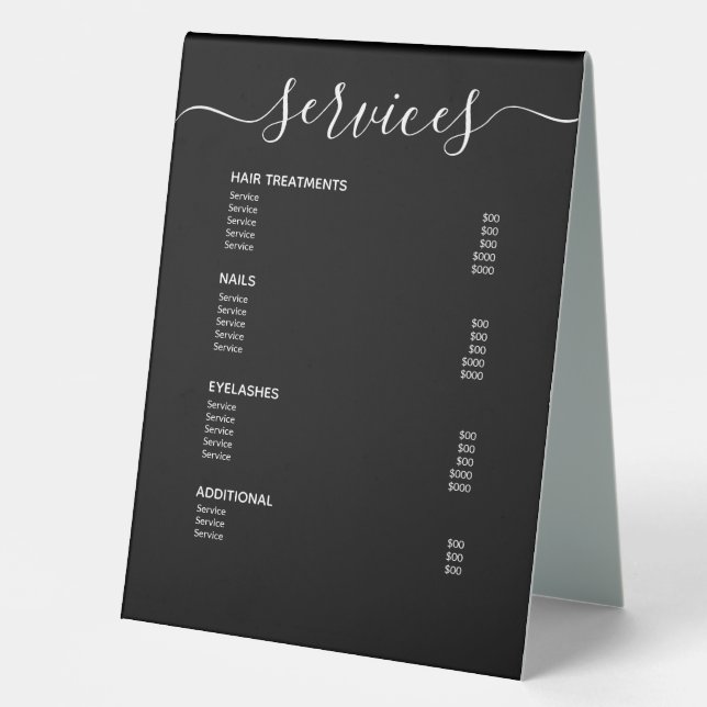 Modern Black Hair Stylist Price List Service Menu Table Tent (Front)
