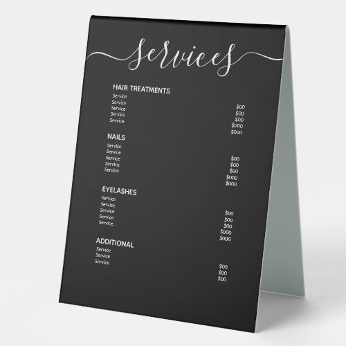 Modern Black Hair Stylist Price List Service Menu Table Tent Sign