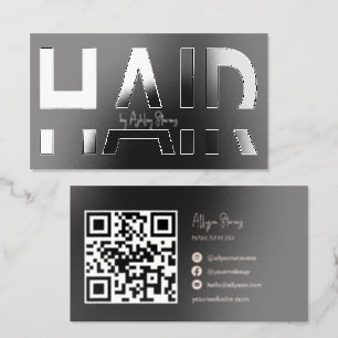 Modern Black Hair stylist QR Code Raised Spot UV Business Card