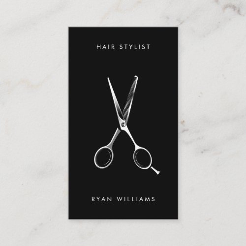 Modern black hair stylist salon scissor minimalist business card