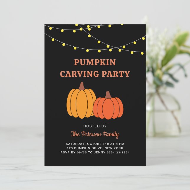 Modern Black Halloween Pumpkin Carving Party Invitation (Standing Front)