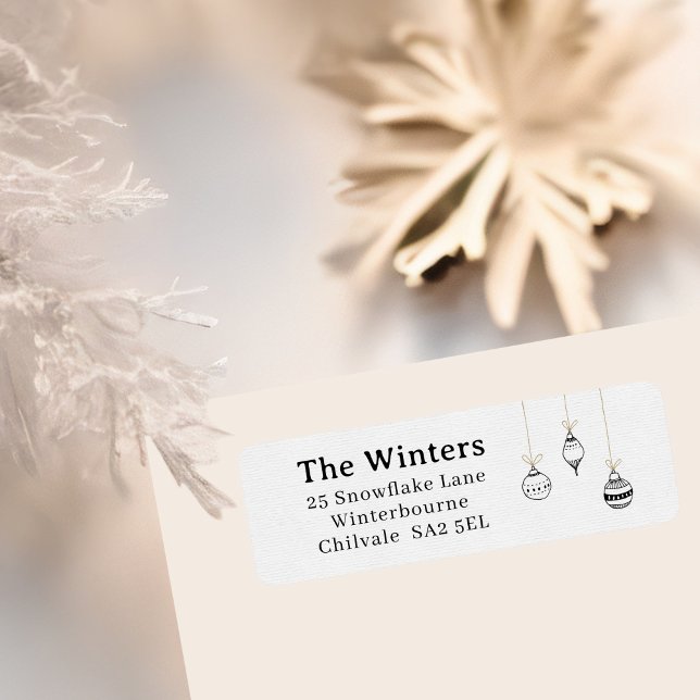 Modern Black Hand-Drawn Minimalist Address Label (Elegant minimalist black and gold hand-drawn Christmas ornaments sketch return address labels)