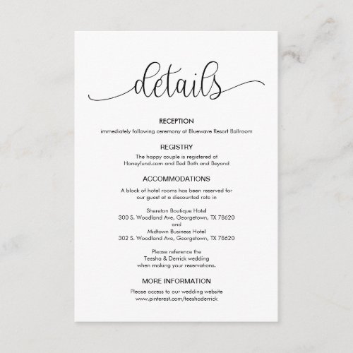 Modern Black Hand Lettered design Wedding Details Enclosure Card