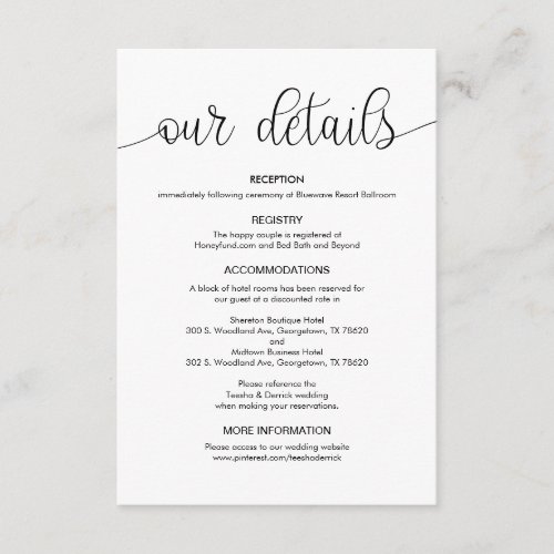 Modern Black Hand Lettered design Wedding Details Enclosure Card