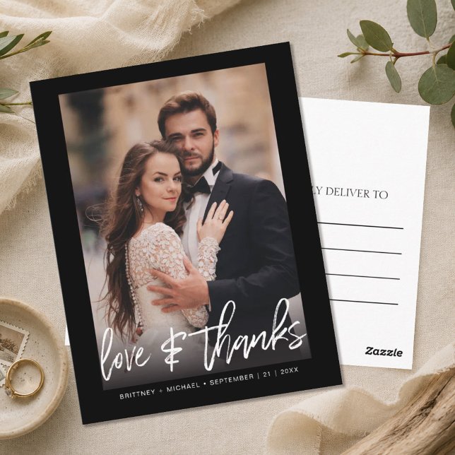 Modern Black Hand Lettered Photo Wedding Postcard (Send a sophisticated and budget-friendly note of appreciation with this modern black thank you.)