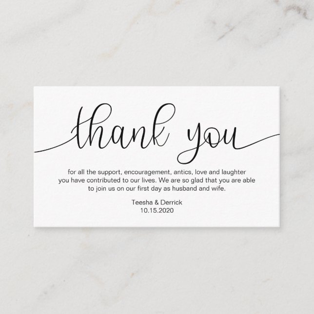 Modern Black Hand Lettered, Wedding Thank you Enclosure Card (Front)