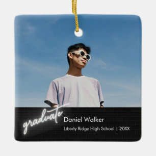 Modern Black Handwriting Neon Photo Graduation Ceramic Ornament