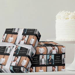 Modern Black Happy Birthday 4 Photo Collage Wrapping Paper