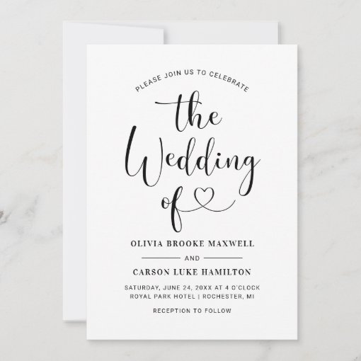 Modern Black Heart Calligraphy Script Wedding Invitation | Zazzle