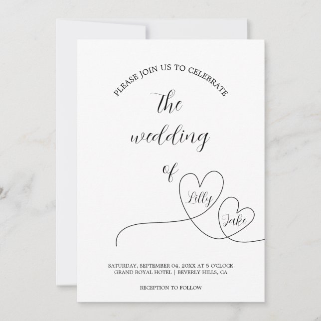 Modern Black Heart Calligraphy Script Wedding Invitation (Front)