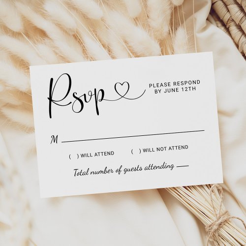 Modern Black Heart Calligraphy Script Wedding RSVP Card