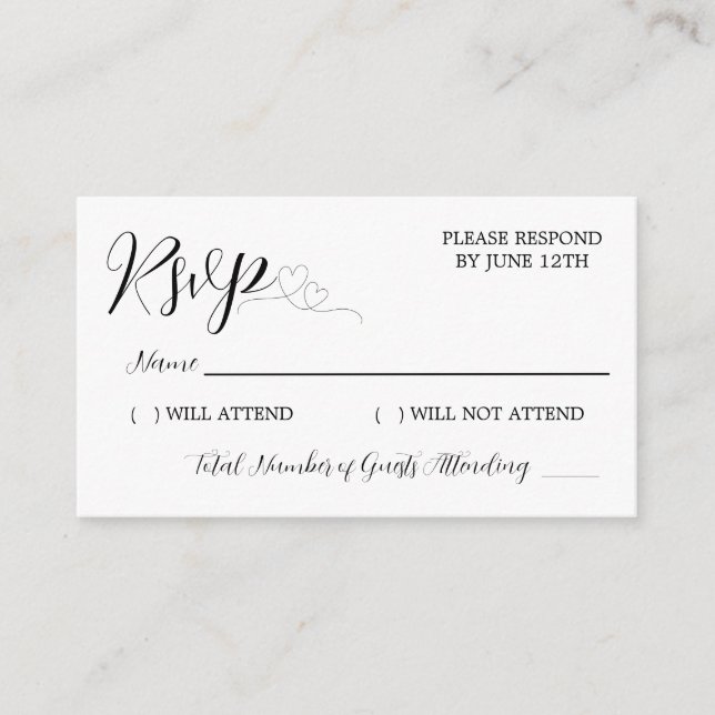 Modern Black Heart Calligraphy Script Wedding RSVP Enclosure Card (Front)