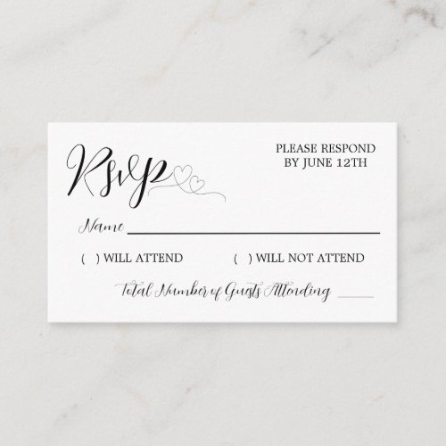 Modern Black Heart Calligraphy Script Wedding RSVP Enclosure Card