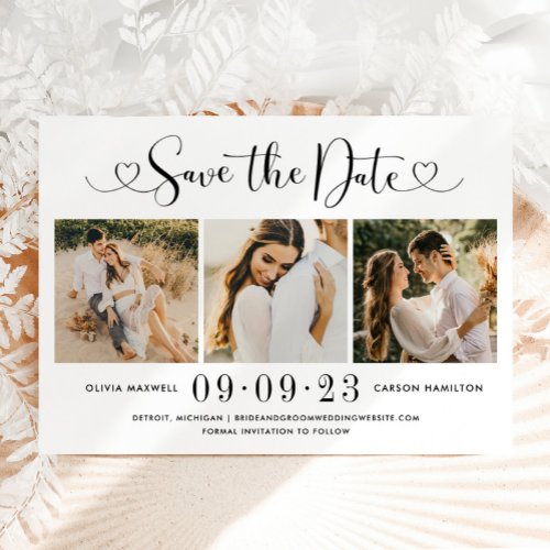 Modern Black Heart Script 3 Photo Wedding Collage Save The Date