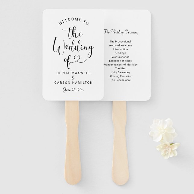 Modern Black Heart Script Program Hand Fan (Front and Back)