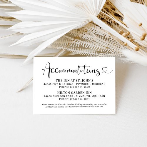 Modern Black Heart Script Wedding Accommodations Enclosure Card