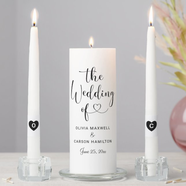 Modern Black Heart Script Wedding Monogram Unity Candle Set (In Situ)
