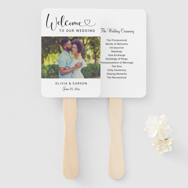 Modern Black Heart Script Wedding Photo Ceremony Hand Fan (Front and Back)
