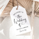Modern Black Heart Script Wedding Welcome Gift Tags<br><div class="desc">Modern black and white wedding welcome gift favor tags feature a stylish black typography design with chic calligraphy script and a heart accent. The simple and elegant custom text that can be personalized with the names of the couple and their wedding date.</div>