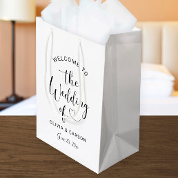 Modern Black Heart Script Wedding Welcome Medium Gift Bag