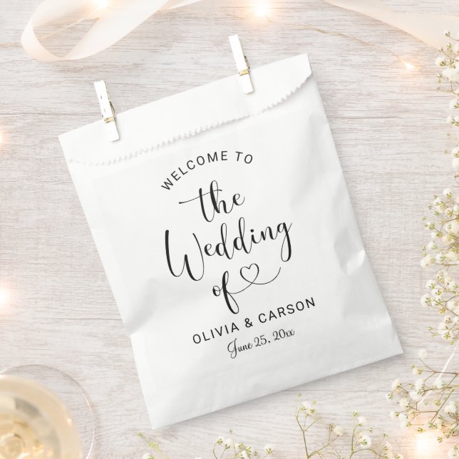 Modern Black Heart Script Welcome Wedding Favor Bag (Clipped)