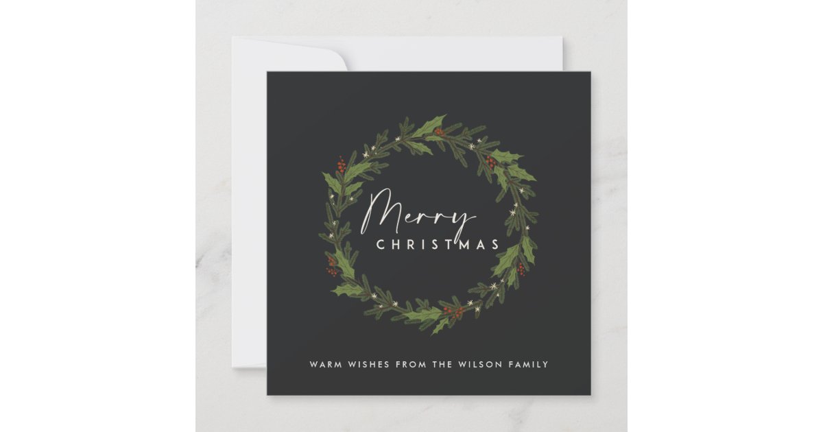 Modern Black Holly Berry Wreath Merry Christmas Holiday Card Zazzle Com