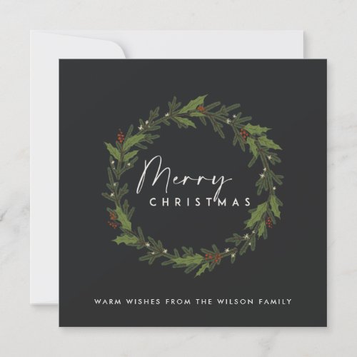 MODERN BLACK HOLLY BERRY WREATH MERRY CHRISTMAS HOLIDAY CARD
