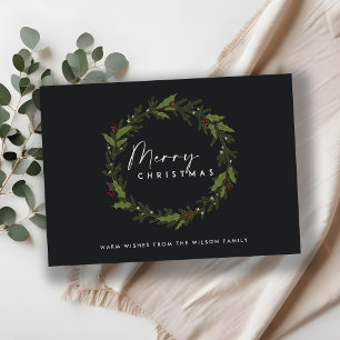 MODERN BLACK HOLLY BERRY WREATH MERRY CHRISTMAS HOLIDAY CARD