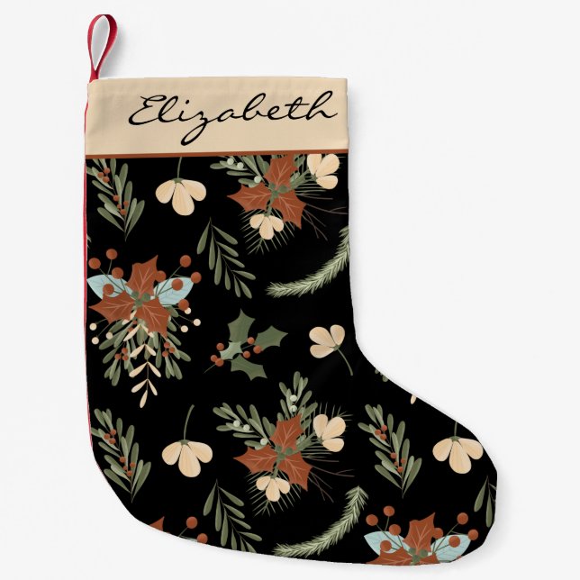 Modern Black Holly Leaves and Berries Personalized Small Christmas Stocking (Front)