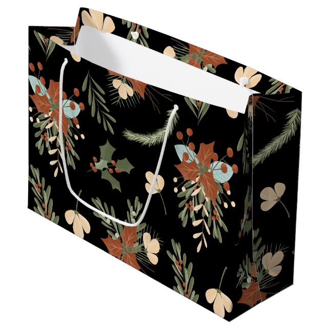 Modern Black Holly Leaves Berries Pattern Gift Bag (Front Angled)